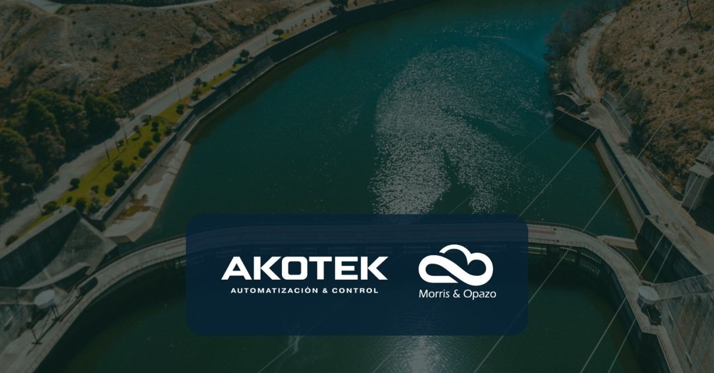 Aerial view of a greenish water reservoir with a dark blue logo banner for AKOTEK and Morris & Opazo overlaid in the center.