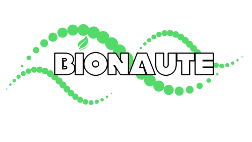 Bionaute logo: bold outlined text BIONAUTE with a small leaf motif and green dotted DNA-like waves wrapping around.